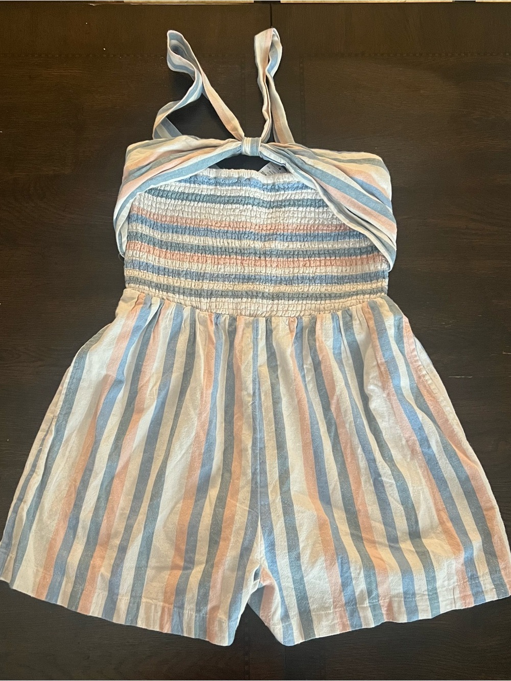 AEO Striped Smocked Romper Size M NWT Blue Pink Pastel Tie Straps